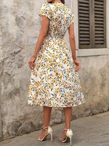 SHEIN Clasi Summer Elegant Women's Tropical Plant Print V-Neck Waist Cinched A-Line Short Sleeved Dress, Suitable For Various Occasions, Daily Leisure, Travel, Commuting, Vacation Can All Be Worn