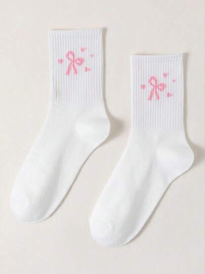 DOMINATE Calzini bianchi a metà polpaccio da donna con design a fiocco rosa artistico