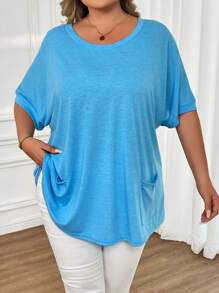 SHEIN CURVE+ Áo thun cổ tròn in hoa nhiều màu tay cánh dơi có túi cỡ lớn - Xanh đậm - Xem 8