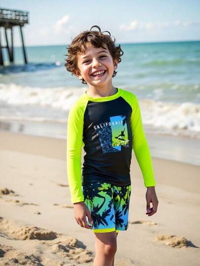 Young Boys' Summer Beach Separated Swimwear Set Including Color Block Letter Printed Long Sleeve Top And Plant Printed Boxer Shorts