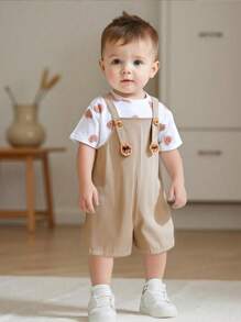 SHEIN 2 件套男婴/女婴可爱熊图案宽松圆领针织上衣 T 恤和短裤套装，休闲装，适合春夏季 - 卡其色 - 查看 9