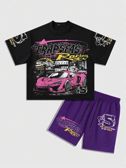 Street Life Ensemble de 2 pièces comprenant un t-shirt ample décontracté à imprimé avec encolure dégagée pour homme