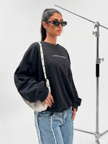 EURMUSE Áo nỉ hở vai họa tiết chữ 100% Cotton - Màu xám đen - Xem 5