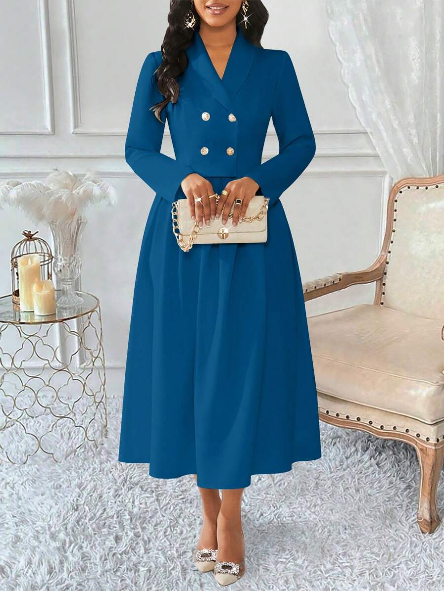 Lyxana Women's Double-Breasted Pleated Suit Skirt Set - Teal Blue - View 1