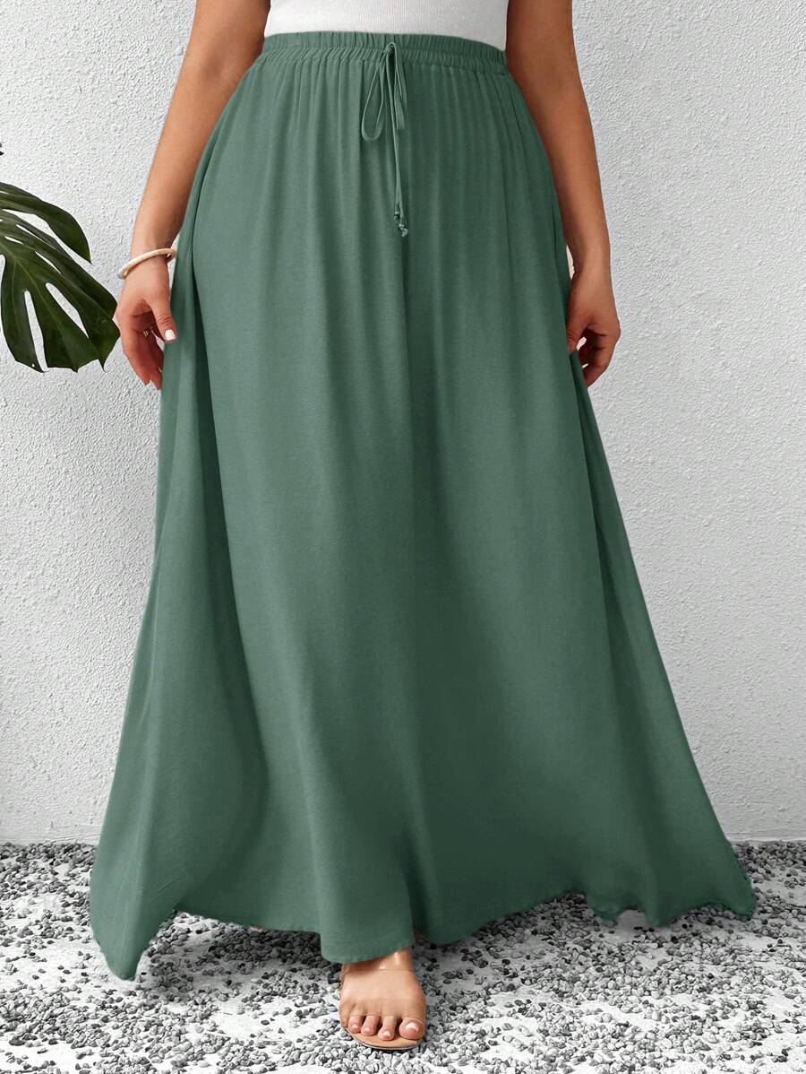SHEIN LUNE 大码纯色休闲半身裙 - 綠色 - 查看 1