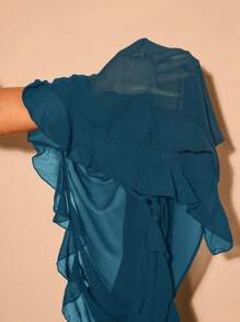 SHEIN BAE Plus Size Fall Elegant Sweet Sexy Women Blue Chiffon Ruffles Decoration Fit Long Sleeve Top Shirt Daily Wear See-Through