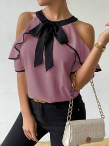 Chiquease Women's Elegant Commuting Color Contrast Tie Neck Off Shoulder Ruffle Blouse - Purple - View 4
