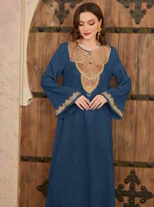 Al Najma Váy dài Thổ Nhĩ Kỳ dành cho nữ & Váy dài truyền thống Ả Rập, Kaftan giản dị - Màu xanh hải quân - Xem 1