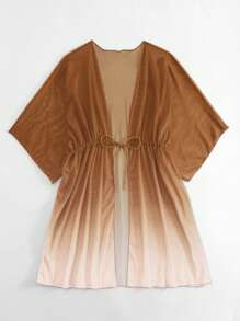 SHEIN Swim Ombre Drawstring Waist Batwing Sleeve Sheer Kimono Cover Up For Vacation & Beach For Summer - Khaki - View 3