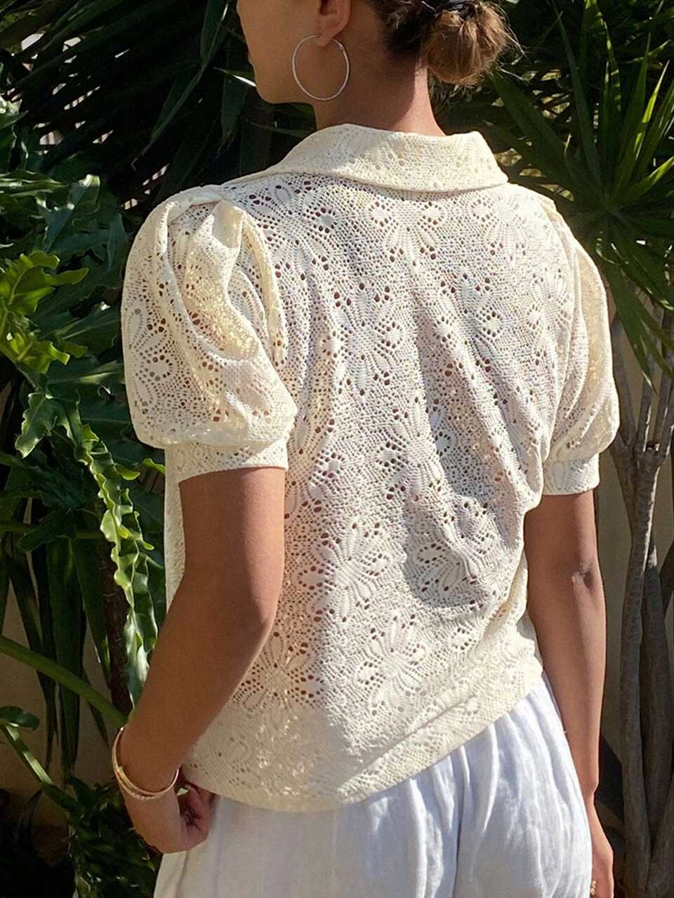 Women's Sheer Lace Polo Shirt Short Sleeve Blouse, For Beach/Holiday