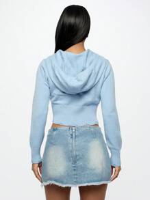 SUMWON WOMEN 女式短款拉链针织连帽开衫，做旧下摆，秋冬分层毛衣，罗纹袖口，运动休闲