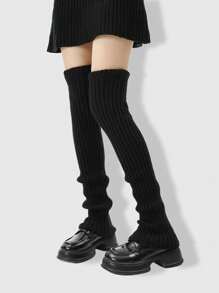 ROMWE Anime Women Ribbed Leg Warmers, Solid Color, Warm For Autumn/Winter