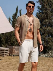 Manfinity Nomadique Pantalones cortos holgados de hombres de unicolor de moda, todo a juego, de lino liso bohemio, aptos para el ocio diario, el uso en vacaciones, shorts simples y casuales en verano