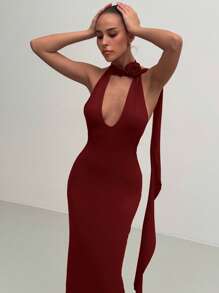 Aloruh 女式深 V 领紧身红色长裙，带 3D 花卉装饰，适合派对、圣诞节、情人节 - 酒紅色 - 查看 5