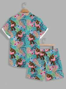 Manfinity RSRT 2pcs Men's Tropical Print Short Sleeve Shirt And Shorts Set, Vacation - Multicolor - View 5
