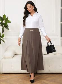 Modelyn Plus Size Solid Color Pleated Long Skirt - Coffee Brown - View 4