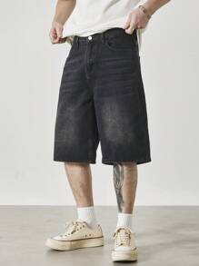 Claim Dot 男士黑色水洗宽松休闲牛仔短裤，都市休闲风格 - 黑色 - 查看 3