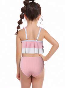 "Young Girls Bikini Sets女童(小)泳衣套装
提花面料粉色白色拼色飞边儿童分体泳衣套装时尚休闲精致华丽淑女适合游泳适合度假适合夏季" - Pink - View 2