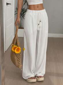 Flirla Pantalones casuales cómodos y ajustados de color liso para mujer