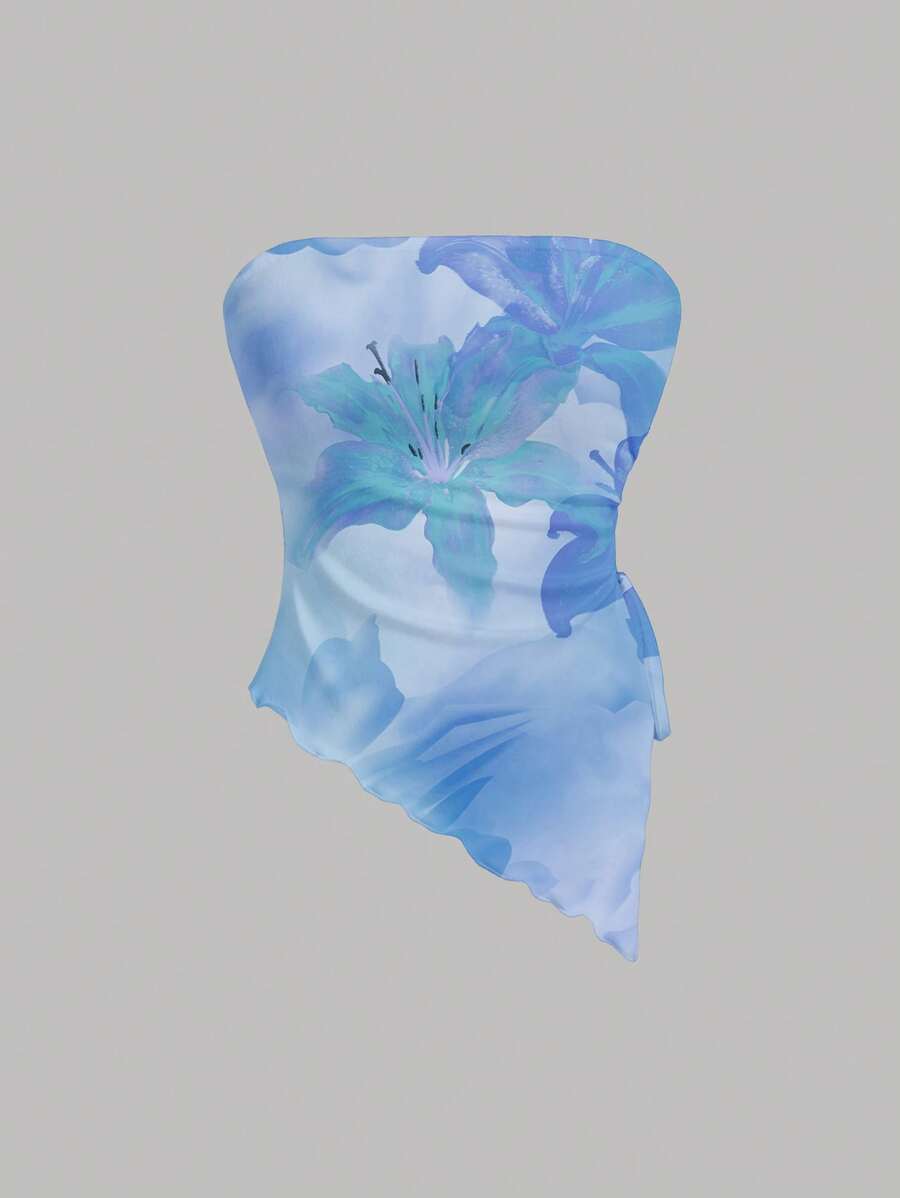 SHEIN MOD 女士花卉图案无袖短款上衣,适合夏季 - 藍色 - 查看 1