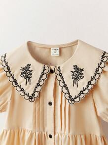 SHEIN Vestidos de estilo campestre y de vacaciones para niñas jóvenes de color amarillo suave con cuello bordado, manga abullonada y cintura - Beis - Ver 9