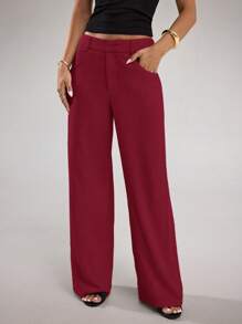 SHEIN BAE 女式杏色纯色亚麻休闲阔腿裤，低腰，适合日常、度假、办公室、春夏季 - 酒紅色 - 查看 6