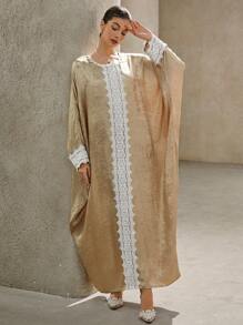 SHEIN Clasi Vestido maxi para Ramadán con mangas acampanadas, encaje decorativo y estampado de lámina dorada, cómodo y suelto, para mujer de talla grande