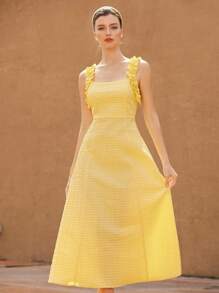 Aveloria Rosie Pale Yellow Asymmetrical Bubble Geometric Embossed Textured Fabric Ruffled Shoulder Strap Romantic Elegant Waisted Vacation Slip Dress For Women  Old Money Style For Summer - Yellow - View 1