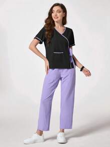 SHEIN TaskFit 对比色饰边系带裹身短袖手术服套装 - 彩色 - 查看 3