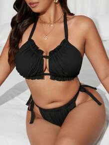 SHEIN Elegant Plus Size Swimwear Set, Sexy & Comfortable For Vacation For Summer - Black - View 5