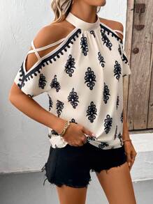SHEIN Clasi Camiseta de mujer de encaje en color albaricoque con cuello alto hueco y hombros abiertos de diseño elegante y casual - Albaricoque - Ver 4