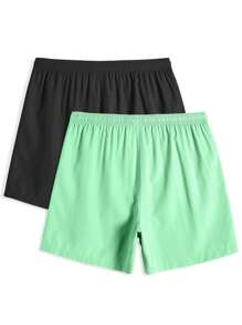 Manfinity 2pcs Casual Beach Getaway Plain Elastic Drawstring Men's Swim Trunks, Summer - Multicolor - View 2