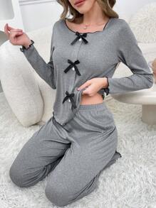 2 件女式罗纹蝴蝶结长袖上衣和裤子睡衣套装 - 深灰色 - 查看 4