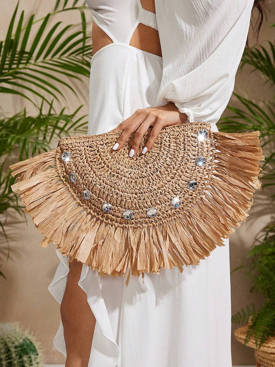 SHEIN SXY Ladies, Women Clutchs, Straw Bag, Fashionable, Elegant, Simple, Personalized, Versatile, Tassels, Diamonds, For Beach, Vacation, Holiday, Summer, Seaside