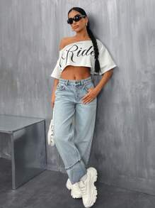 EURMUSE Gerade, lässige blaue Jeans mit tiefer Taille, minimalistisch und modisch - Mittele Waschung - Übersicht 6