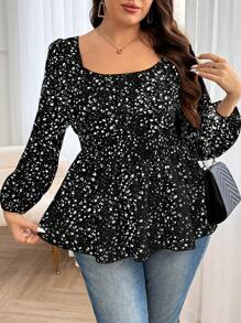 SHEIN Frenchy Plus Size Women's Ditsy Floral Apricot Color Blouse With Criss-Cross Back Design, Waisted A-Line Hem, Casual & Fashionable - Black - View 3