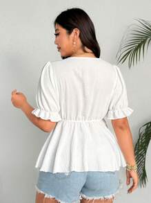 Flirla Bohemian Style Shell & Ribbon Splice V-Neck Puff Sleeve Ruched Waist Blouse, Chic Holiday Atmosphere, Women - White - View 2