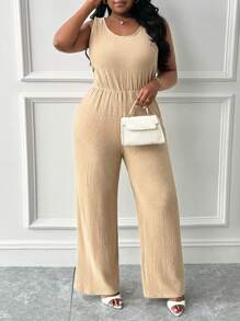 Slaydiva 女式大码休闲基本款纯色无袖 U 领系腰超长连体裤，针织面料，春夏