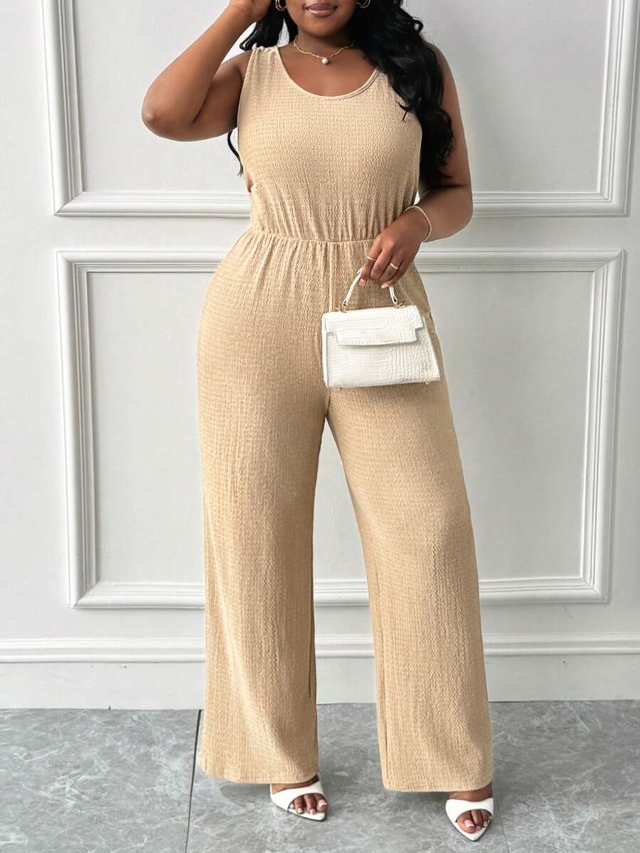 Slaydiva 女式大码休闲基本款纯色无袖 U 领系腰超长连体裤，针织面料，春夏