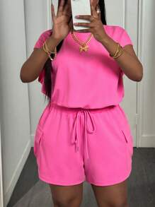 Slaydiva 新款春夏休闲基础款圆领盖袖宽松常规T恤+侧立体工装口袋装饰七分裤短裤粉色纹理针织面料女加大两件套-B - 粉色 - 查看 6