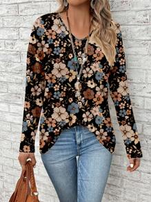 EMERY ROSE Áo thun tay dài in họa tiết hoa cổ điển, dáng rộng, cỡ lớn dành cho nữ, phù hợp cho mùa xuân và mùa thu - Nhiều màu - Xem 4