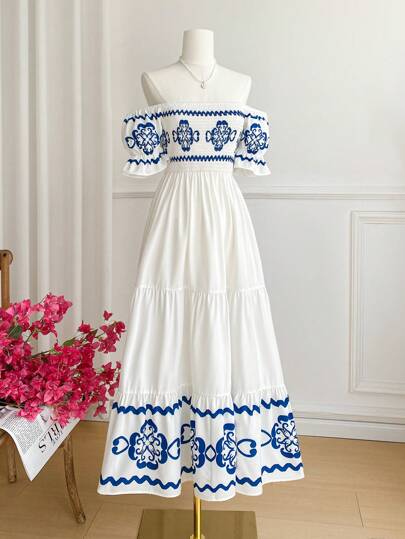 Vivid Eden Women's Off The Shoulder Dress,Vacation Outfits Woman,Sundresses For Vacation,Beach Vacation Outfits,Tropical Vacation Woman Clothes,Summer Outfits For Women,Sundress,Boho,Maxi Dresses