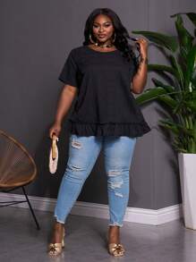 SHEIN CURVE+ Large Solid Color Round Neck Pleated Short Sleeved Loose Shirt For Spring And Summer, Spring And Summer Doll Shirt Boho Vacation - Black - View 3