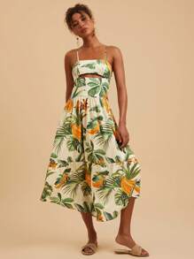 Travachic 热带叶印花无袖休闲度假连衣裙，女士夏季服装，热带度假女装，夏季，女士度假服装，女士夏季连衣裙 - 綠色 - 查看 1