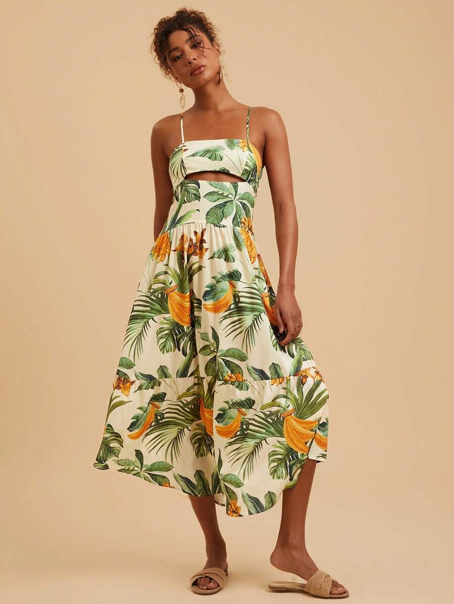 Travachic 热带叶印花无袖休闲度假连衣裙，女士夏季服装，热带度假女装，夏季，女士度假服装，女士夏季连衣裙 - 綠色 - 查看 1