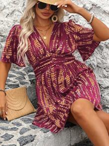 EMERY ROSE Plus Size V-Neck Short Sleeve Minimalist Casual Dress - Red Violet - View 3