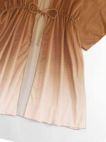 SHEIN Swim Ombre Drawstring Waist Batwing Sleeve Sheer Kimono Cover Up For Vacation & Beach For Summer - Khaki - View 4