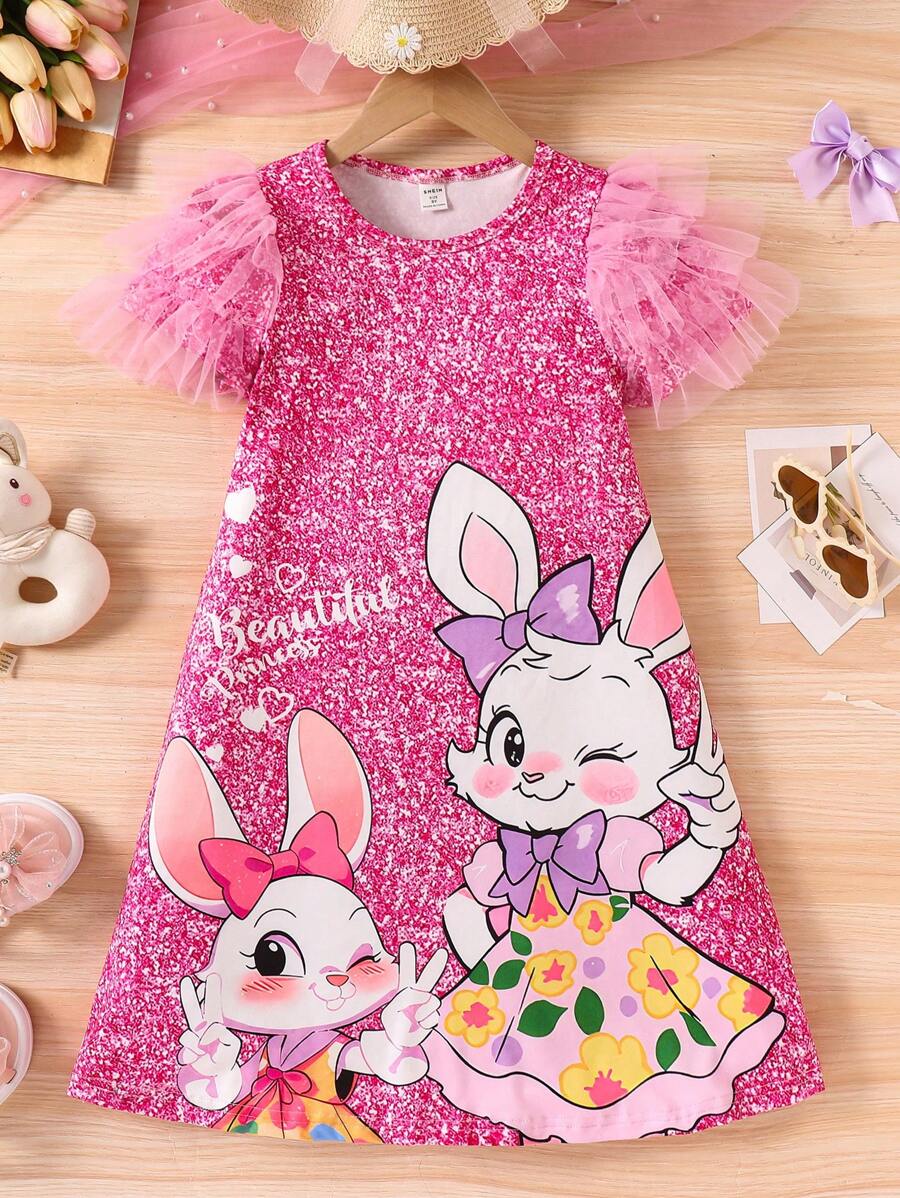 Tween Girls Loose Fit Dress With Bow, Rabbit Print, Faux Sequin Printed Sleeves, Mesh Ruffle Hem, Pink - Multicolor - View 1