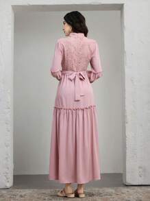 Women's Contrast Lace Long Sleeve Ruffle Hem Elegant Dress - Pink - View 2