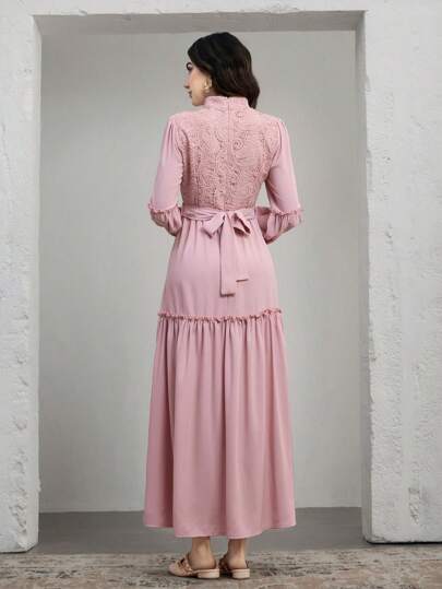 Graceveil Elegante jurk met contrasterende kanten lange mouwen en ruches aan de zoom voor dames